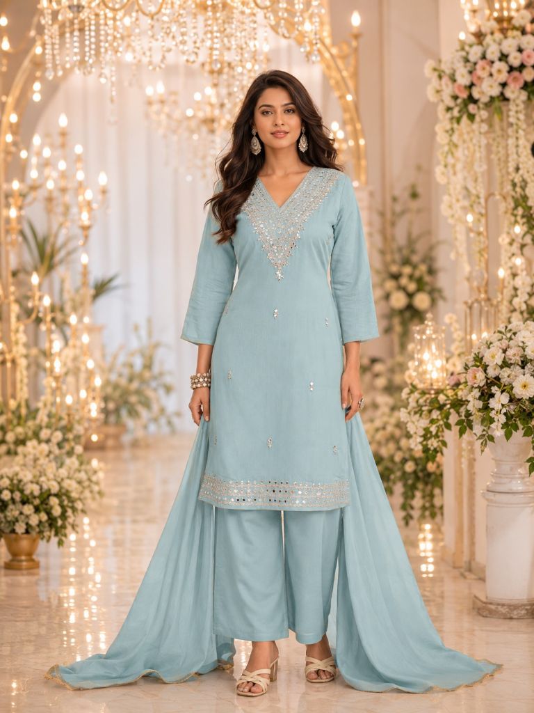 06581A2 Luxe Chanderi Kurti Pant Dupatta Set