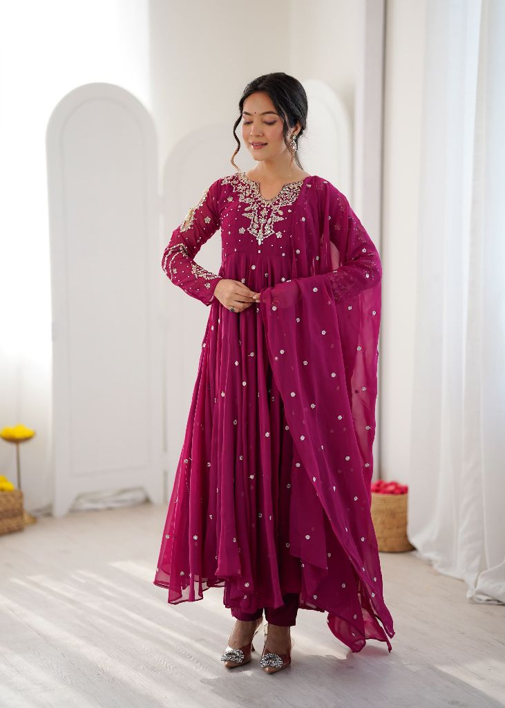 06595A1 Embroidery Work Gown And Dupatta Set