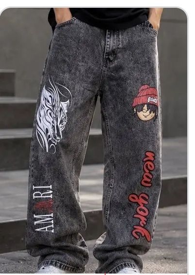 Men’s Grey Graphic Printed Baggy Fit Jeans