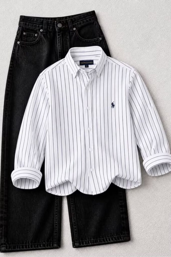 Men's White Striped Shirt & Black Jeans Combo